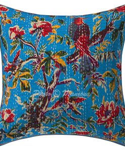 Alternative view of Set of 2 - Turquoise Bird Print Kantha Cushion Cover -16 Inch