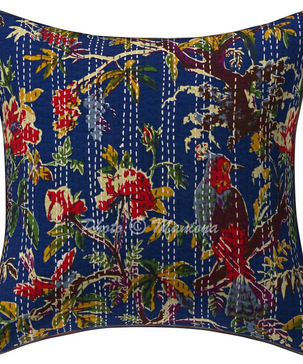 Dark Blue Bird Print Kantha Cushion Cover -16 Inch