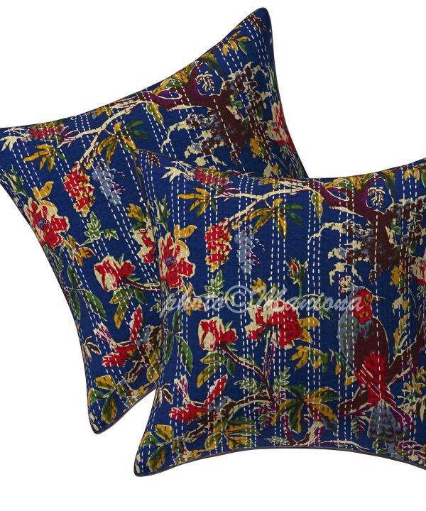 Set of 2 - Dark Blue Bird Print Kantha Cushion Cover -16 Inch