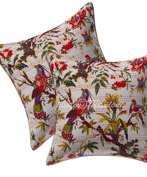 Set of 2 - White Bird Print Kantha Cushion Cover -16X16 Inch