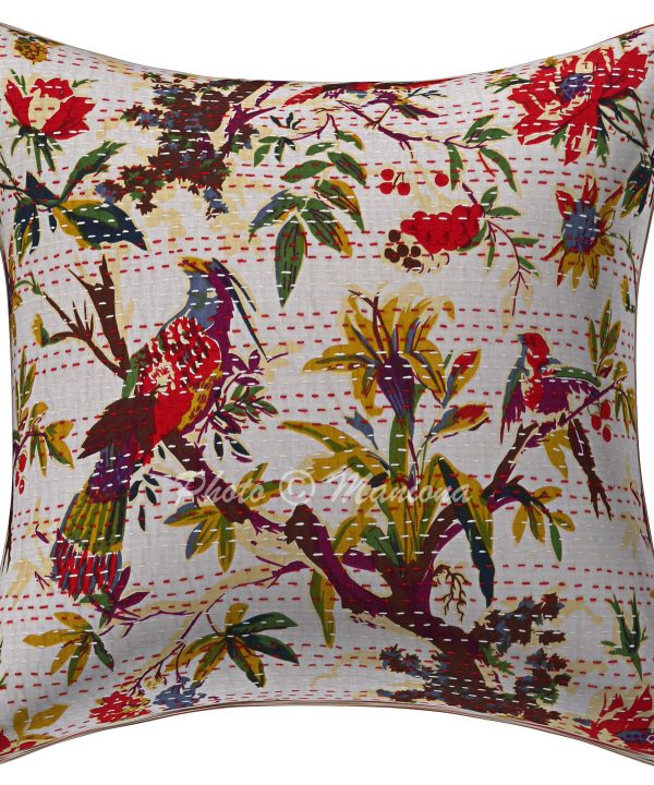 Alternative view of Set of 2 - White Bird Print Kantha Cushion Cover -16X16 Inch