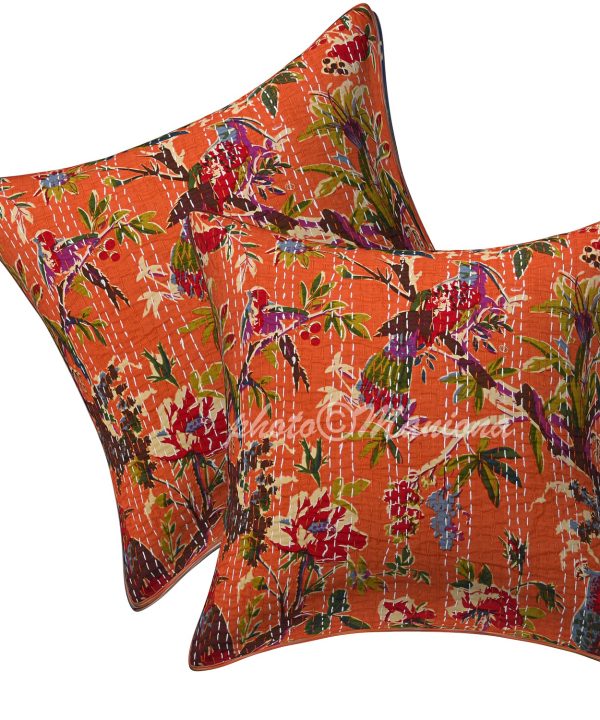 Set of 2 - Orange Bird Print Kantha Cushion Cover -16 Inch