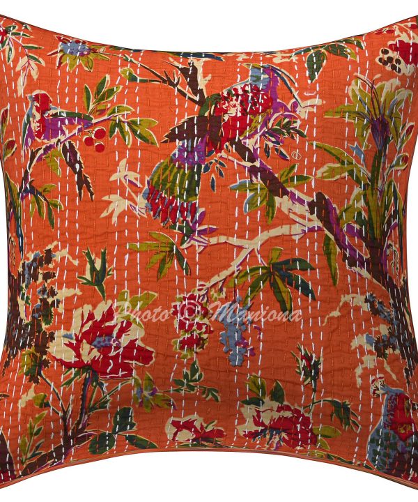 Alternative view of Set of 2 - Orange Bird Print Kantha Cushion Cover -16 Inch