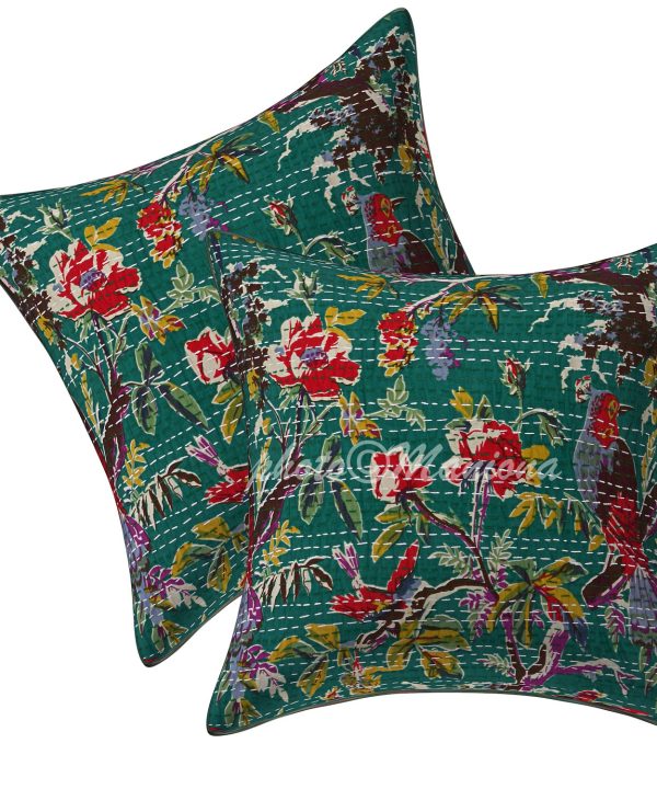 Set of 2 - Dark Green Bird Print Kantha Cushion Cover -16 Inch