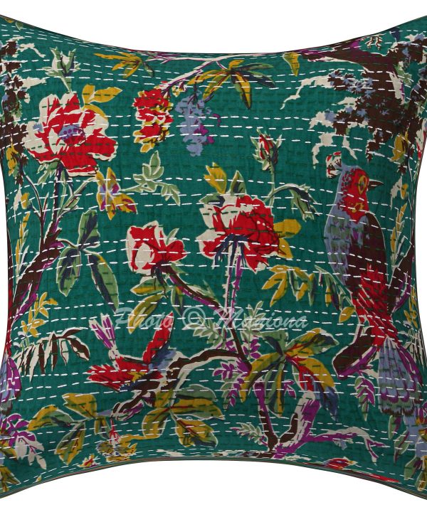 Alternative view of Set of 2 - Dark Green Bird Print Kantha Cushion Cover -16 Inch