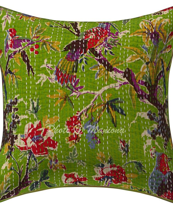 Parrot Green Bird Print Kantha Cushion Cover -16 Inch