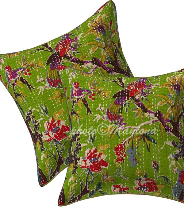 Set of 2 - Parrot Green Bird Print Kantha Cushion Cover -16 Inch