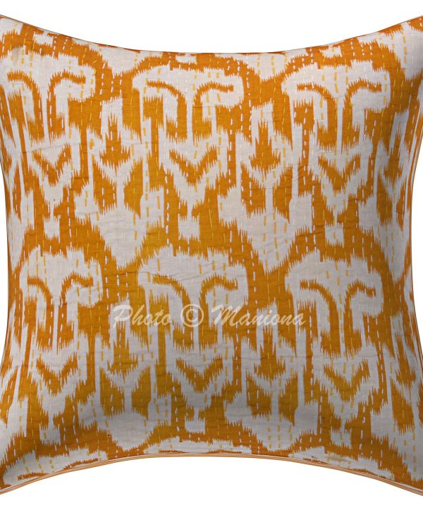 Mustard Yellow Ikat Print Kantha Cushion Cover -16 Inch