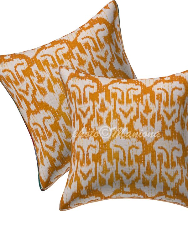 Set of 2 -Mustard Yellow Ikat Print Kantha Cushion Cover -16 Inch