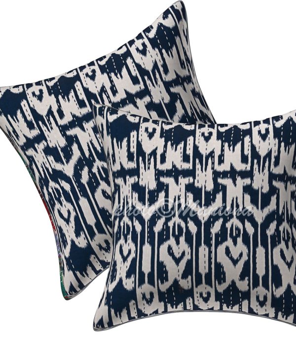 Set of 2 -Dark Blue Ikat Print Kantha Cushion Cover -16 Inch