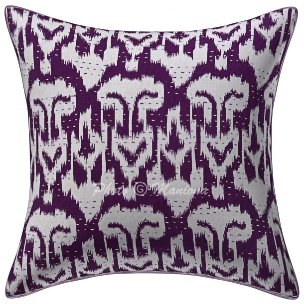 Purple Ikat Print Kantha Cushion Cover 16 Inch Vintage Kantha Quilts