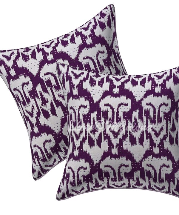 Set of 2 -Purple Ikat Print Kantha Cushion Cover -16 Inch