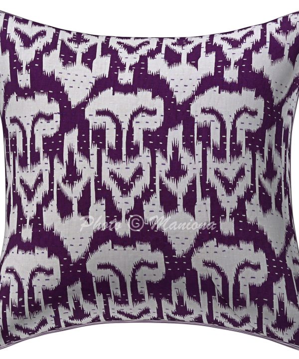Alternative view of Set of 2 -Purple Ikat Print Kantha Cushion Cover -16 Inch