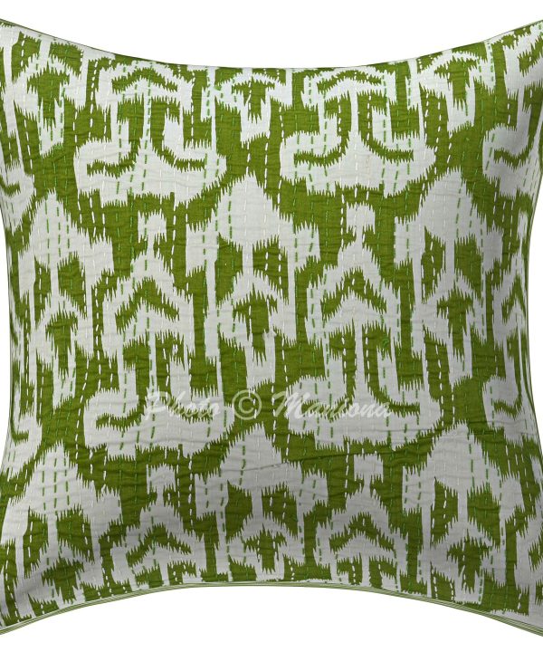 Green Ikat Print Kantha Cushion Cover -16 Inch