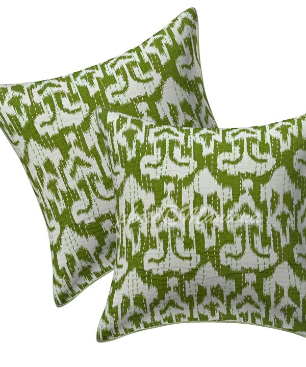Set of 2 -Green Ikat Print Kantha Cushion Cover -16 Inch