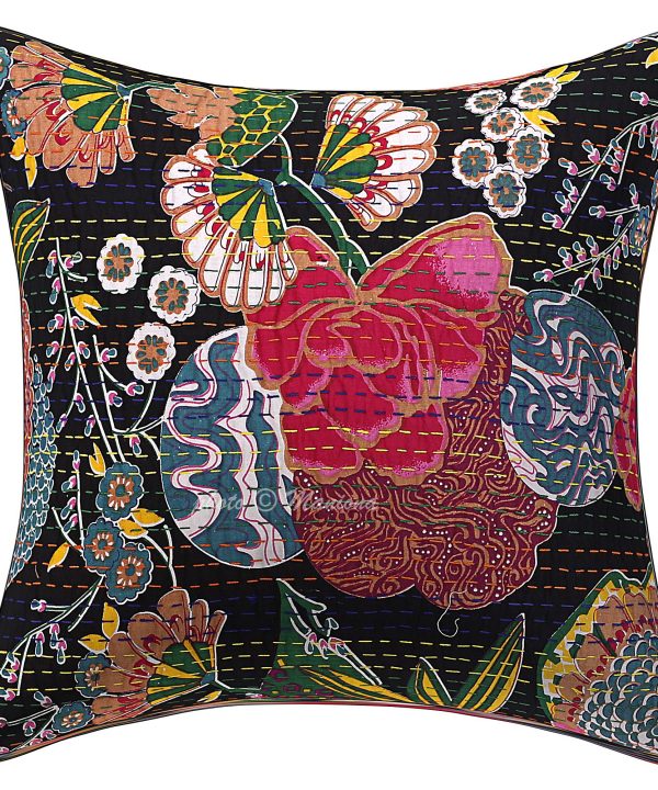 Black Floral and Fruit Kantha Cushion Cover -16 Inch