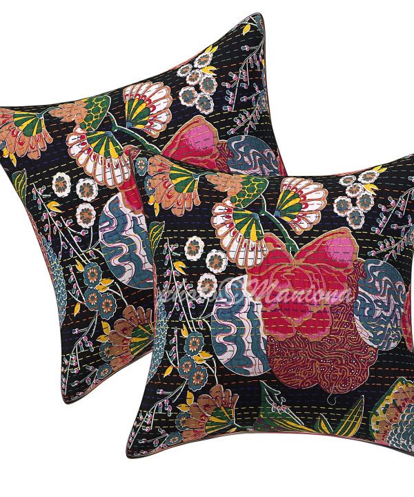 Set of 2 - Black Floral and Fruit Kantha Cushion Cover -16 Inch