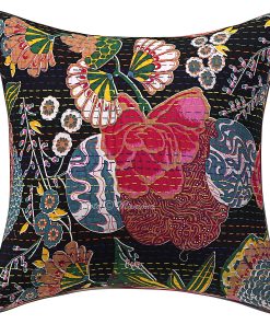 Alternative view of Set of 2 - Black Floral and Fruit Kantha Cushion Cover -16 Inch
