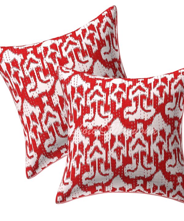 Set of 2 -Red Ikat Print Kantha Cushion Cover -16 Inch