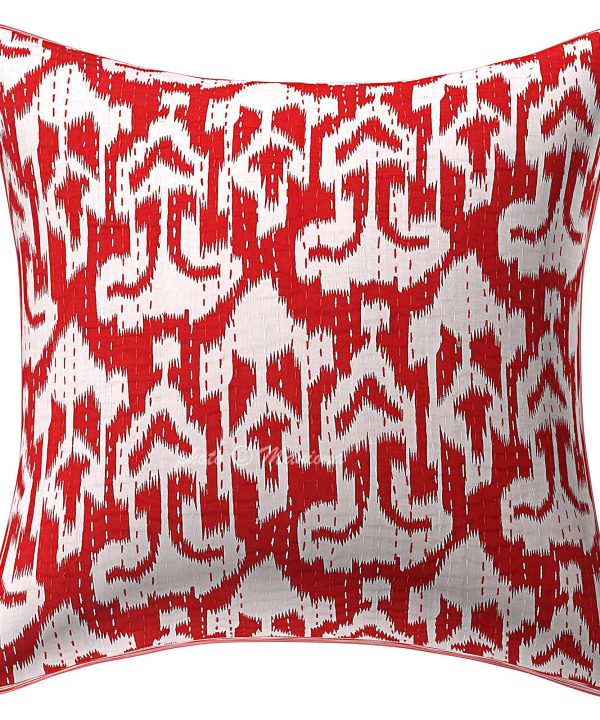 Alternative view of Set of 2 -Red Ikat Print Kantha Cushion Cover -16 Inch
