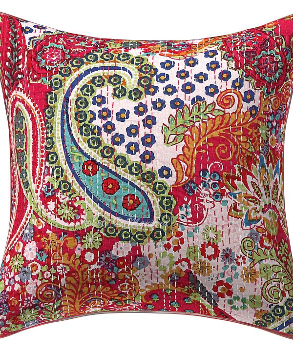 Red Paisley Print Kantha Cushion Cover -16 Inch