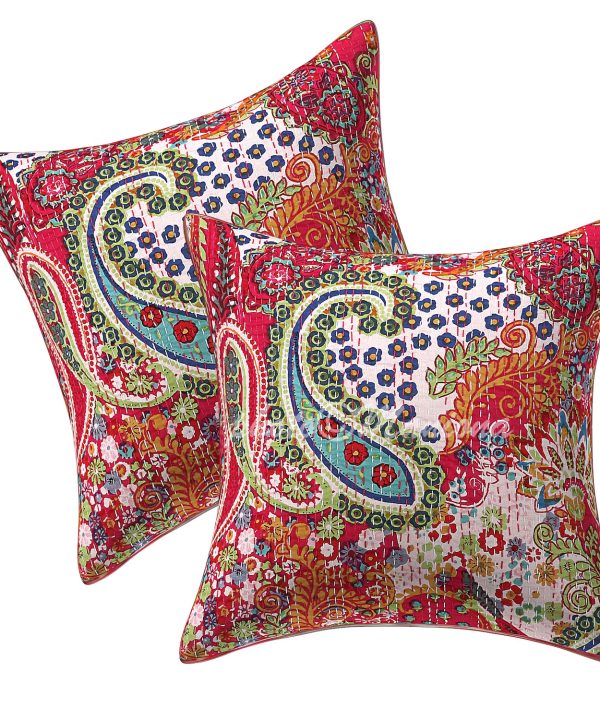 Set of 2 - Red Paisley Print Kantha Cushion Cover -16 Inch