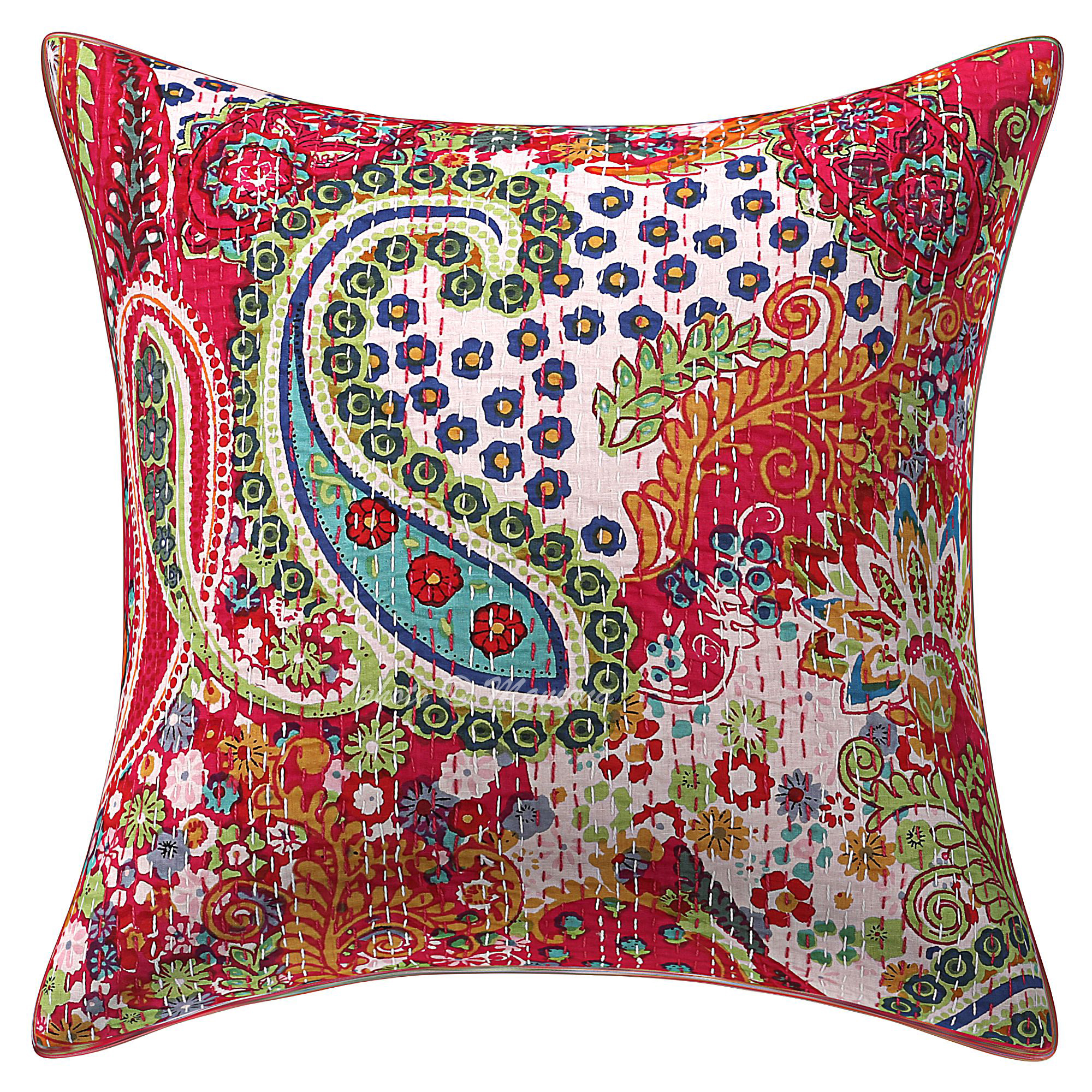 Set of 2 - Red Paisley Print Kantha Cushion Cover | Vintage Kantha Quilt