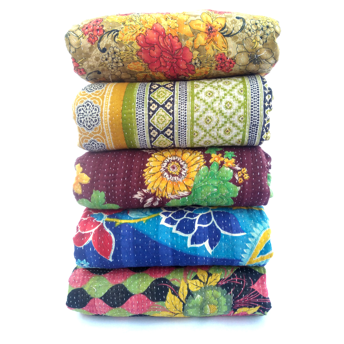 5 Pcs Wholesale Lot Heavy Weight 3 Layered Kantha Quilts Vintage Cotton Throw 