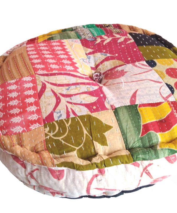 Round patchwork kantha pillow cushion