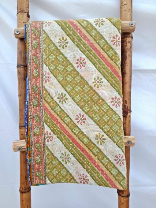 Turquoise Floral Vintage Kantha Quilt