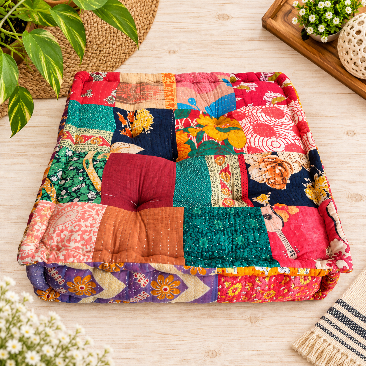 Indian Kantha Patchwork Floor Cushion - Image 2