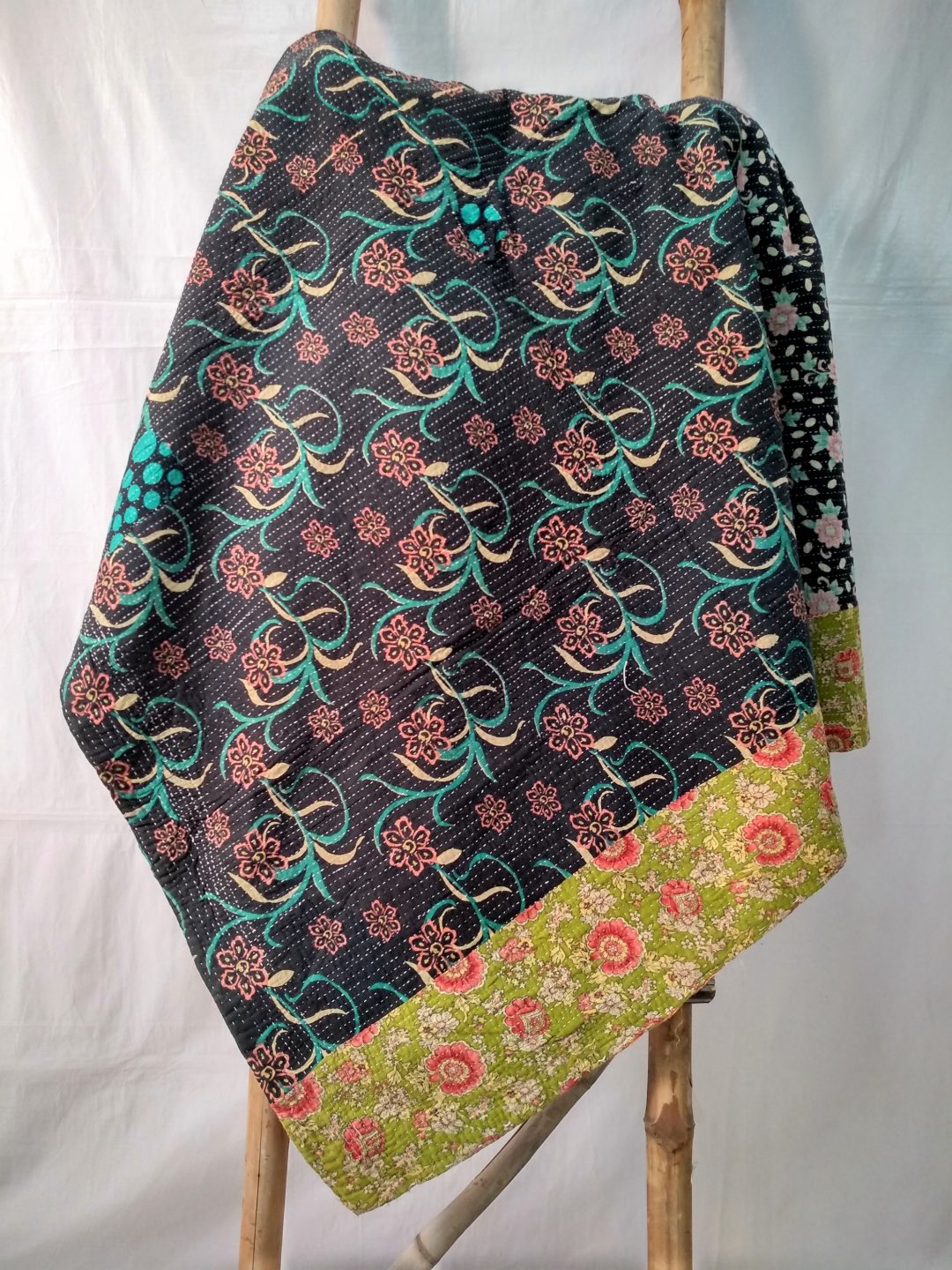 Evergreen Black Kantha Quilt Queen | Vintage Kantha Quilt