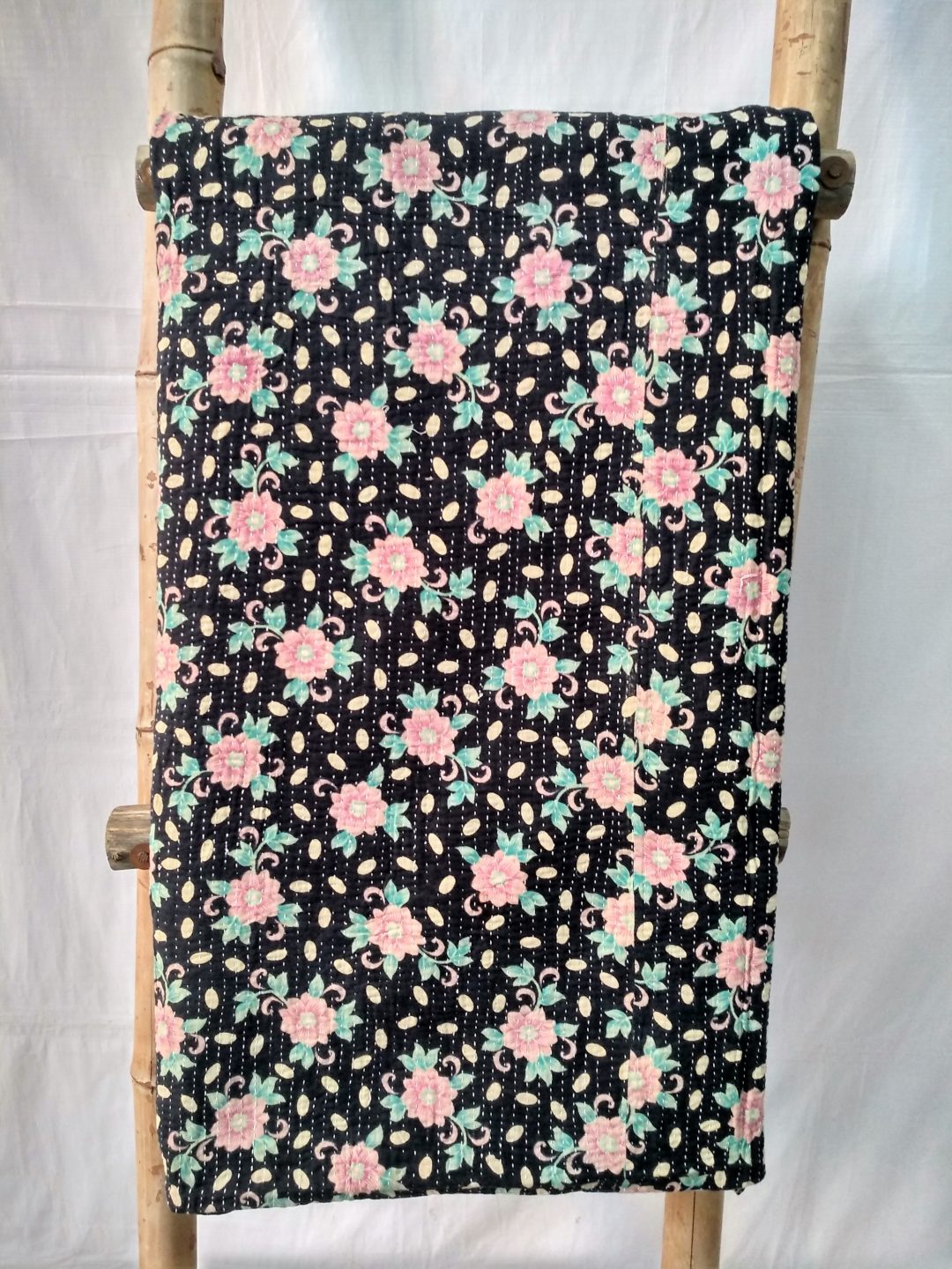 Evergreen Black Kantha Quilt Queen Vintage Kantha Quilt