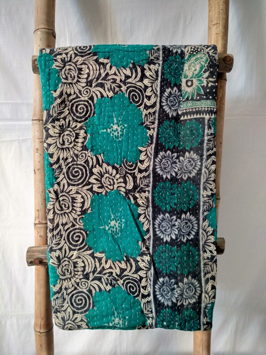 Emerald Green Vintage Kantha Quilt Reversible Throw Kantha Quilts
