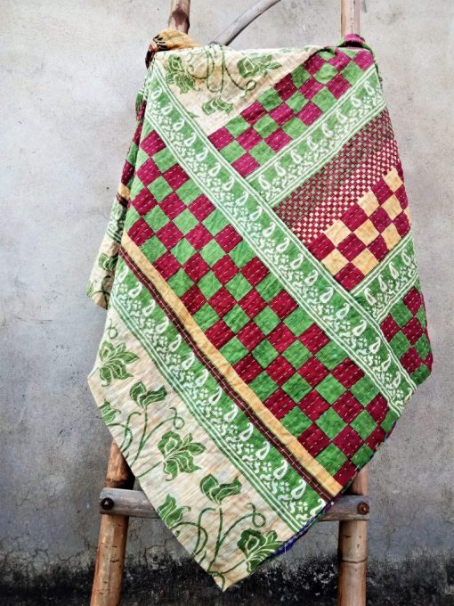 Checkerboard Floral Kantha Quilt Reversible