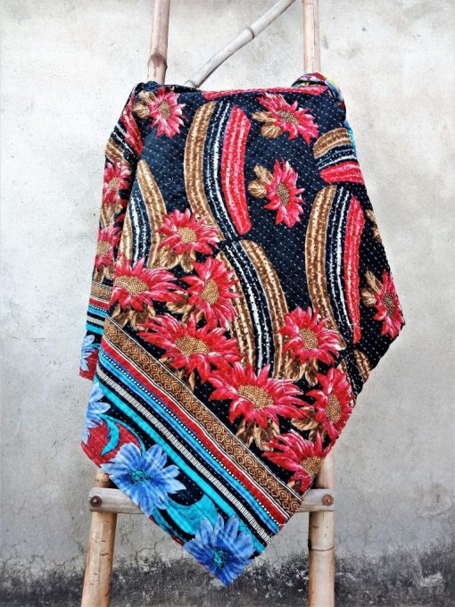 Modern Style Red Floral Kantha Quilt