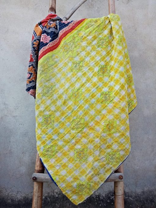 Checkerboard Polka Dot floral Kantha Quilt