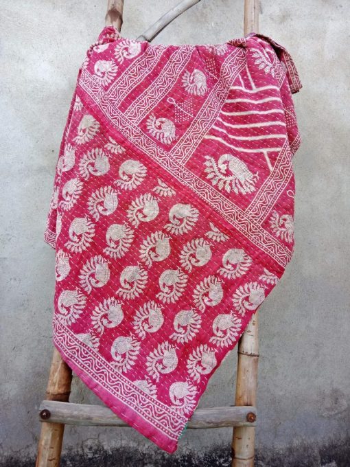 Peacock Red Vintage Kantha Throw