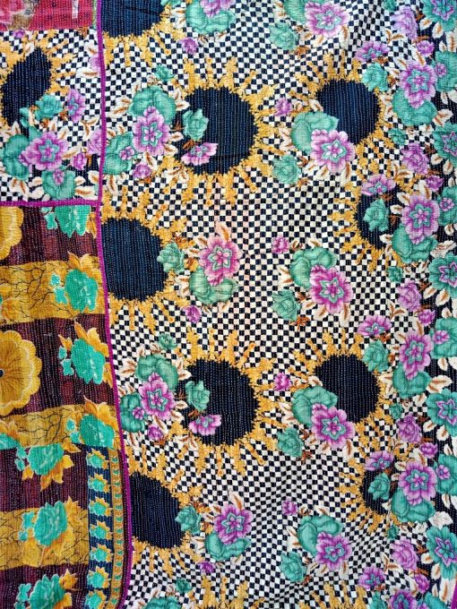 Checker Board Floral Queen Kantha