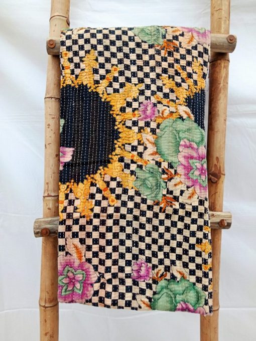 Checkerboard Floral Close Stitched Kantha Quilt