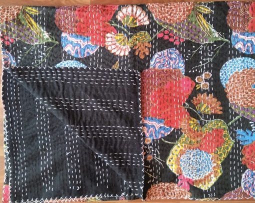 black floral fruit kantha quilt