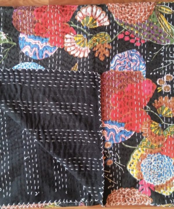 black floral fruit kantha quilt