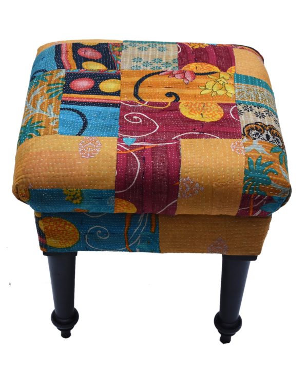 Vintage Kantha Cushioned Wooden Stool