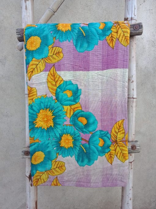 Blue Floral Kantha Quilt by Mira
