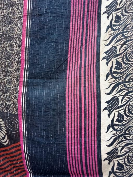 Black White Floral Kantha Quilt|Vintage Kantha