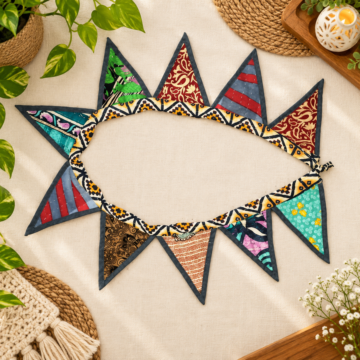 Floral Kantha Embroidered Bunting - Set of 2