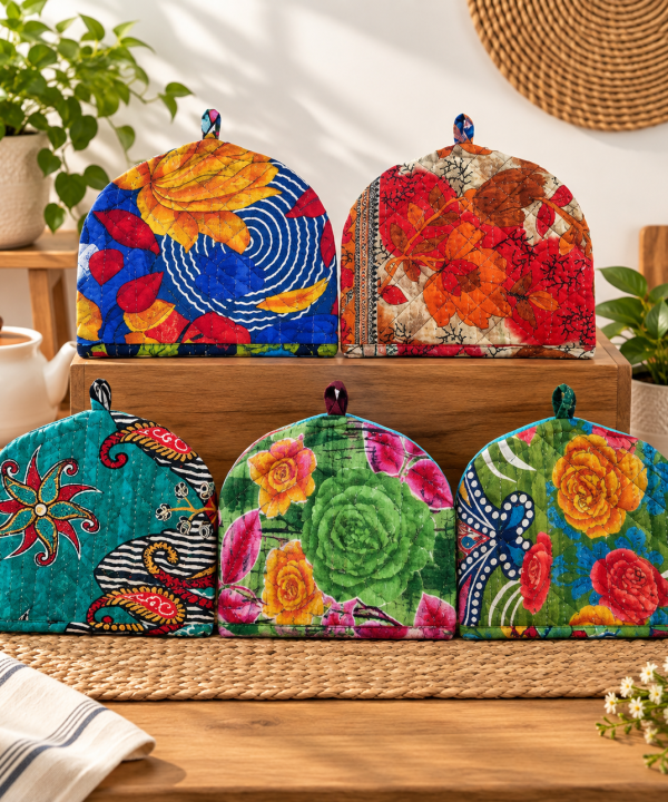 2 Pcs Vintage Kantha Tea Cozy Covers – Handmade Quilted Cotton Teapot Covers, Assorted Boho Kitchen Decor 14 x 11 Inches