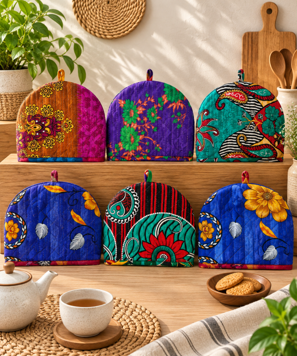 Alternative view of 2 Pcs Vintage Kantha Tea Cozy Covers – Handmade Quilted Cotton Teapot Covers, Assorted Boho Kitchen Decor 14 x 11 Inches