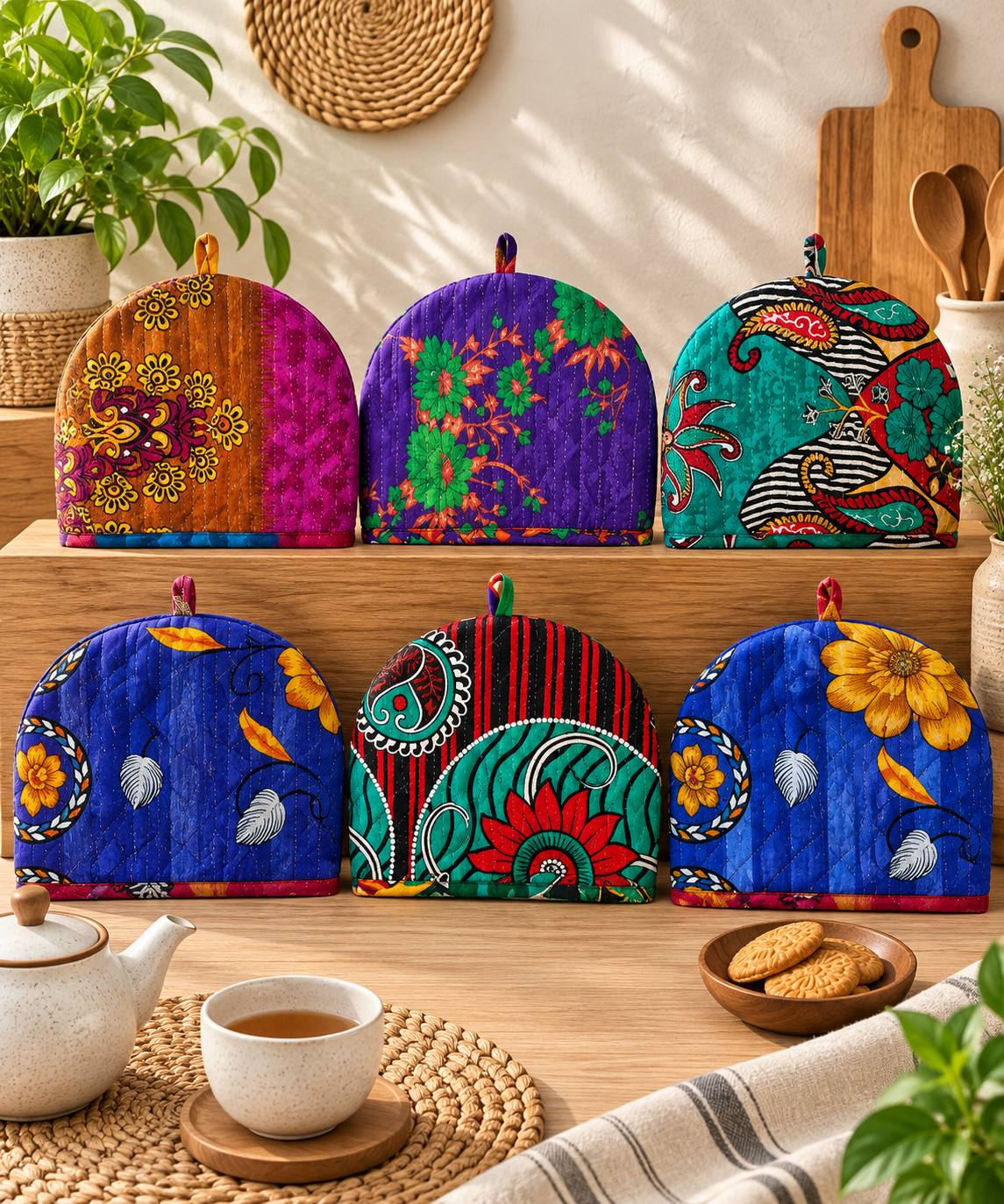 2 Pcs Vintage Kantha Tea Cozy Covers – Handmade Quilted Cotton Teapot Covers, Assorted Boho Kitchen Decor 14 x 11 Inches - Image 2