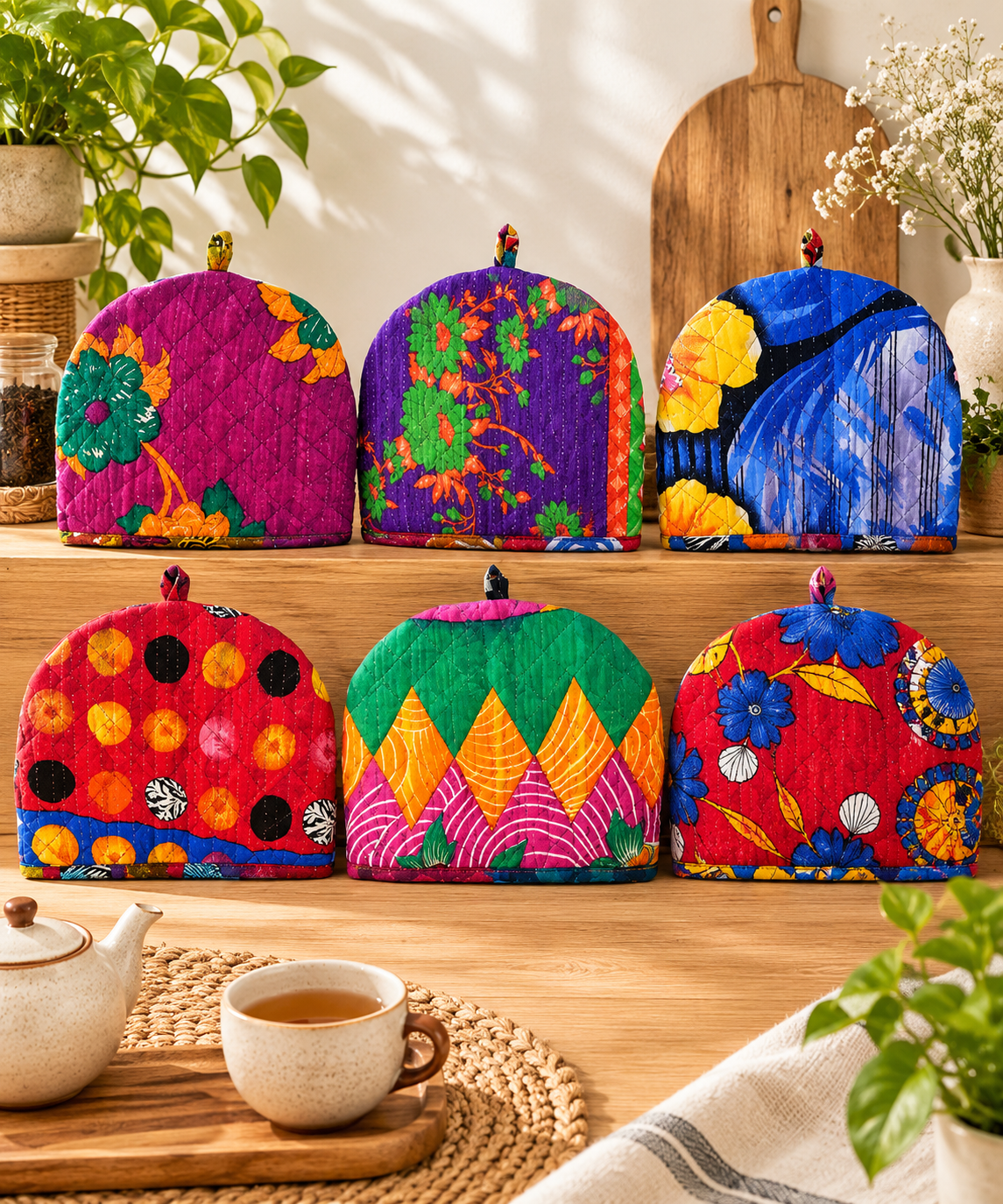 5 Pcs Vintage Kantha Tea Cozy Set – Handmade Quilted Cotton Tea Pot Covers, Colorful Indian Kitchen Decor